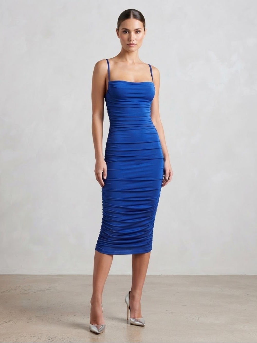 Blue Ruched Spaghetti Knee-Length Dress Size Medium